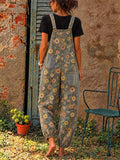 Women Floral Denim Baggy Wide Leg Overalls Jumpsuit with Pockets
