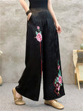 Women's Ethnic Style Flowers Embroidered Comfy High Rise Pants