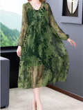 Women's Green Print V-Neck Long Sleeve Dress with Black Strappy Inner