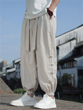 ‌Men's Summer Casual Loose Fit Cotton Linen Jogger Pants with Frog Button Details