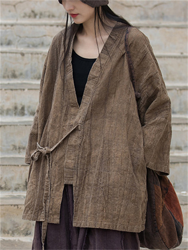 Women's Loose Ramine V Neck Tie-dye Lace Up Cardigan Jacket