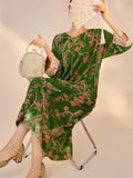 Chinese Style 3/4 Sleeve Retro Jacquard Beads Split Dress for Women