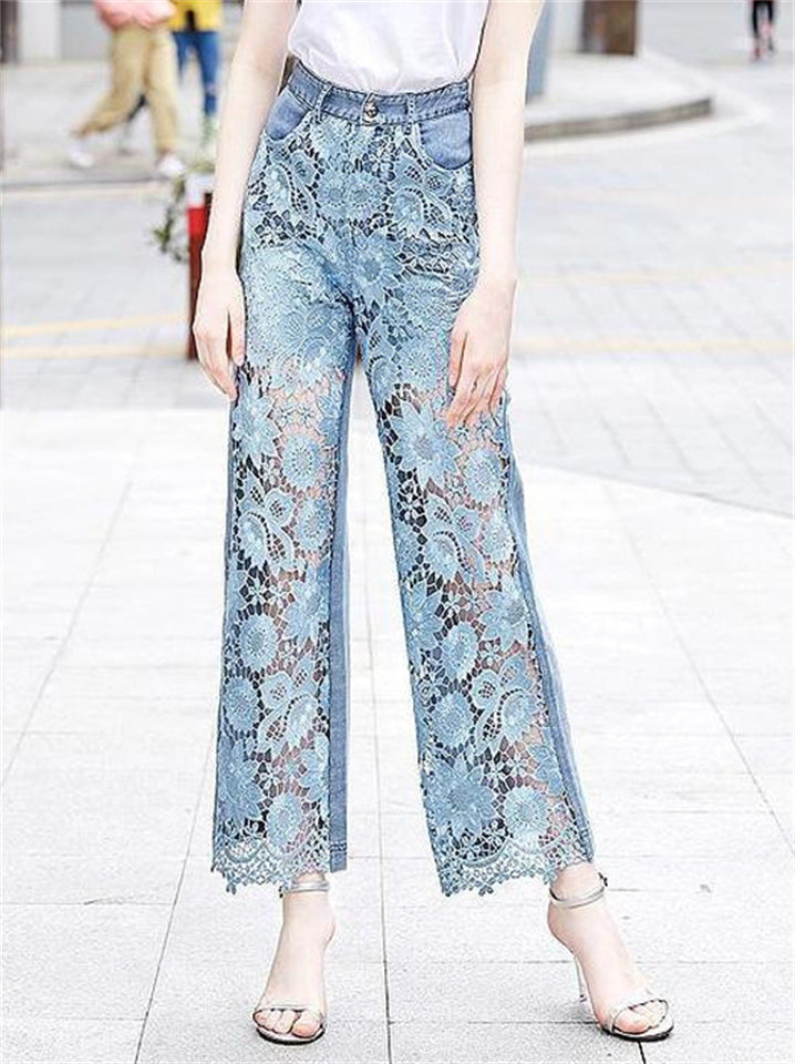 Women's Hollow Lace Patchwork High Waist Straight-Leg Jeans