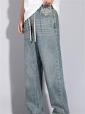 Men's Retro High Street Fashion Elastic Waist Drawstring Wide-Leg Straight Jeans