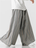 Men's Bohemian Cotton Linen Lace Up Striped Wide Leg Pants