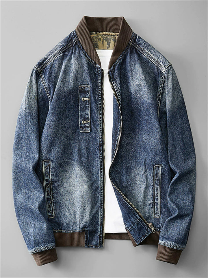 ‌Men's Casual Distressed Streetwear‌ Denim Bomber Jackets with Pockets