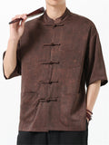 Men's Texture Print Stand Collar Half Sleeve Tang Suit Shirts