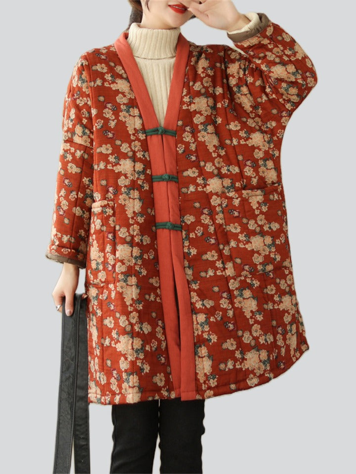 Retro Flower Print Women's Mid-length Cotton Jackets