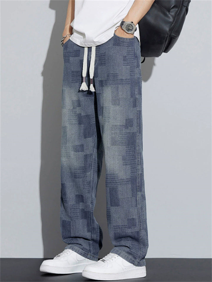 Men's American Retro Casual Spring Autumn Loose Straight Plaid Denim Pants