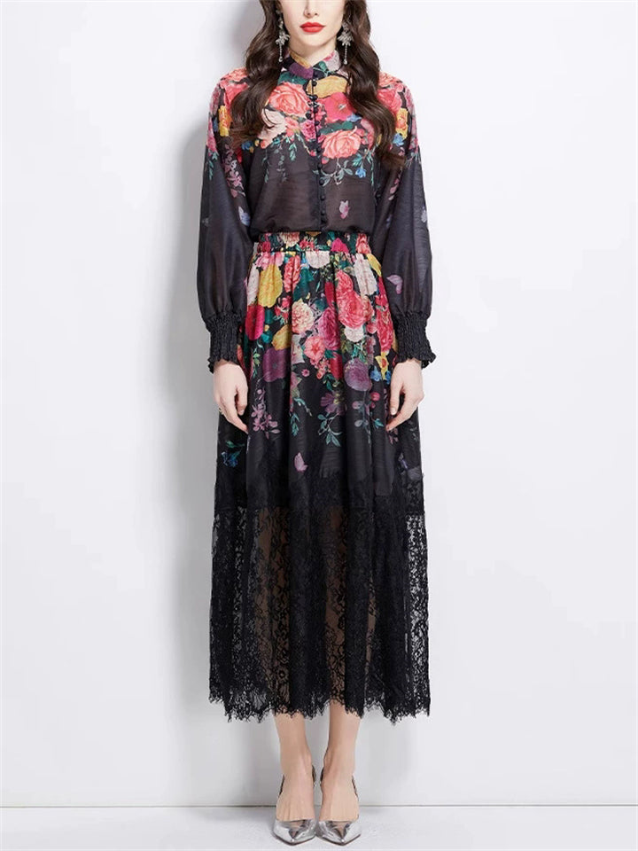 Women Two-piece Lantern Sleeve Shirt and Elastic High Waist Lace Skirt