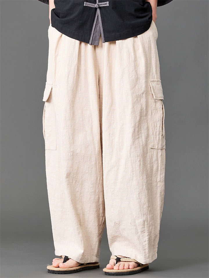 Mens Summer Linen Blend Loose Wide Leg Cargo Pants with Pockets