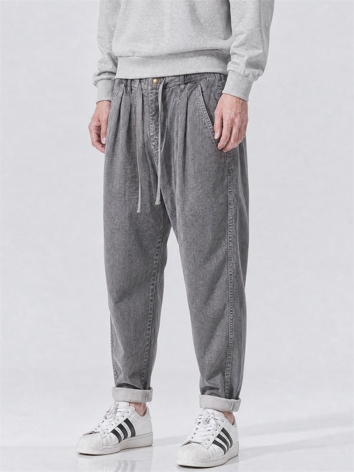 Men Japanese Style Drawstring Loose Fit Corduroy Pants