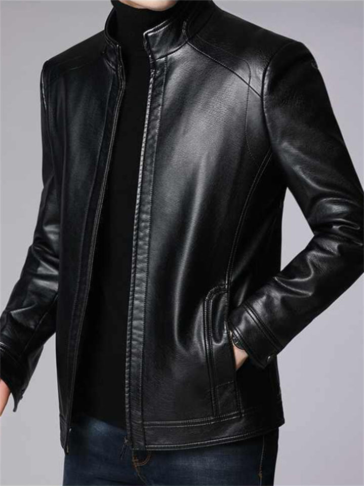 Men's ‌Stand Collar Thermal Lined Faux Leather Jacket for Men with Zipper‌