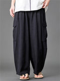 Mens Summer Linen Blend Loose Wide Leg Cargo Pants with Pockets