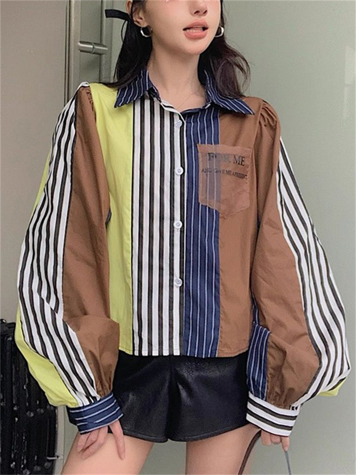 Women's Chic Contrast Color Striped Long Puffed Sleeve Shirts