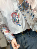 Stand Collar Chic Embroidered Shirts for Ladies