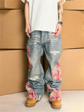 High Street Print Patchwork Unisex Wide Leg Denim Pants