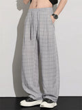 Mens Comfy Breathable Casual Plaid Loose Fit Drawstring Wide Leg Pants