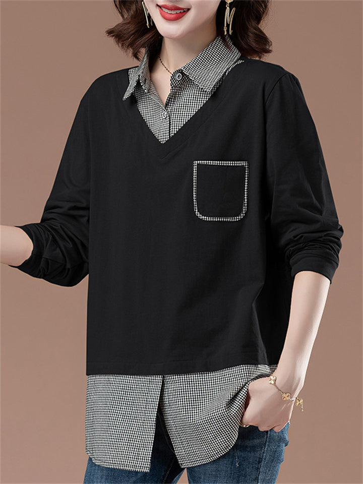 Women's Loose Cotton Contrast Color Patchwork Long Sleeve Shirts