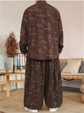 Oriental Corduroy Button Leaf Pattern Jacket  and Loose Drawstring Pants Set for Men