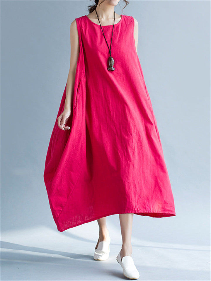 Cozy Flowy Cotton Linen Midi Sundress for Women