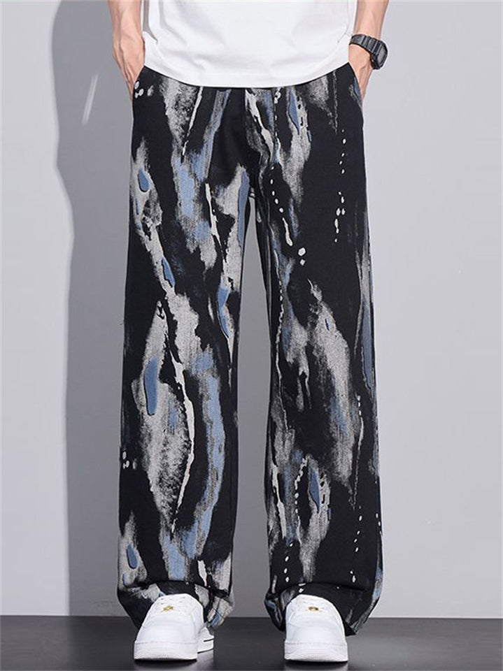 Men Abstract Marble Print Wide Leg Baggy Streetwear Pants