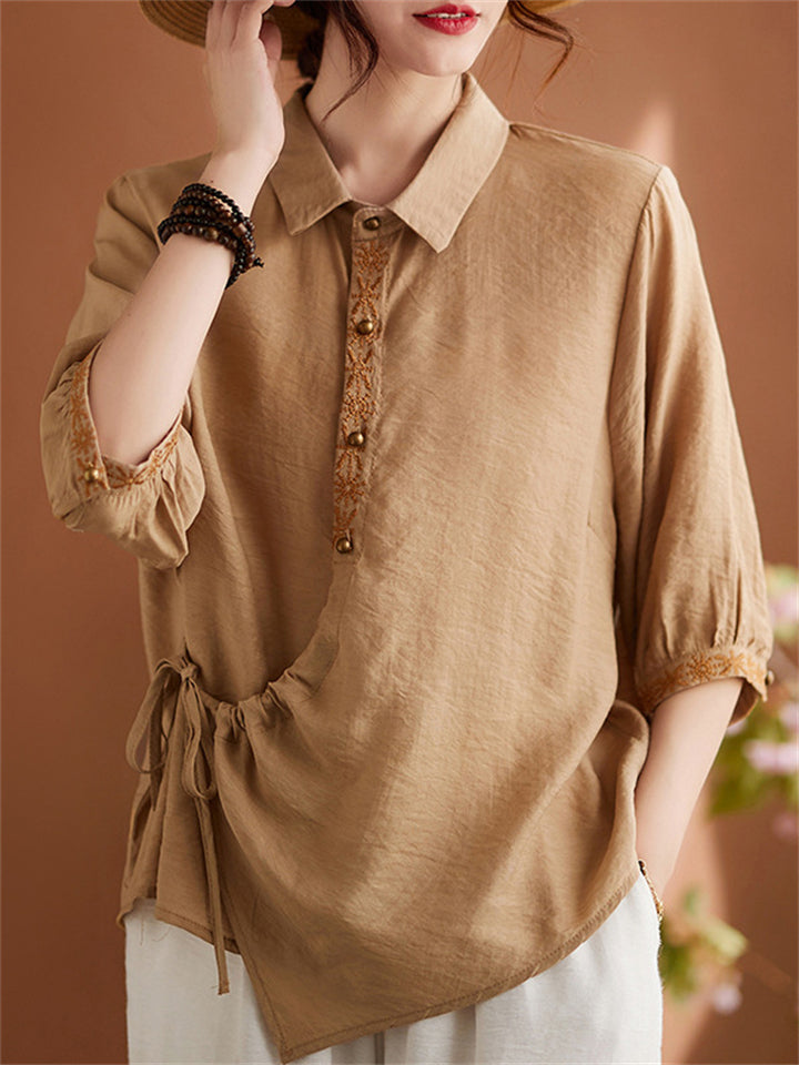 Women's Casual Embroidery Lapel Half Sleeve Shirts