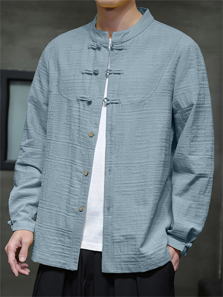 Men's Texture Solid Color Long Sleeve Tang Suit Shirts