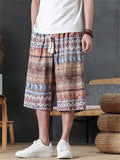 Mens Japanese Style Holiday Printed Wide Leg Cropped Summer Pants