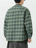 Chinese Style Cotton Plaid Stand Collar Long Sleeve Shirts for Men