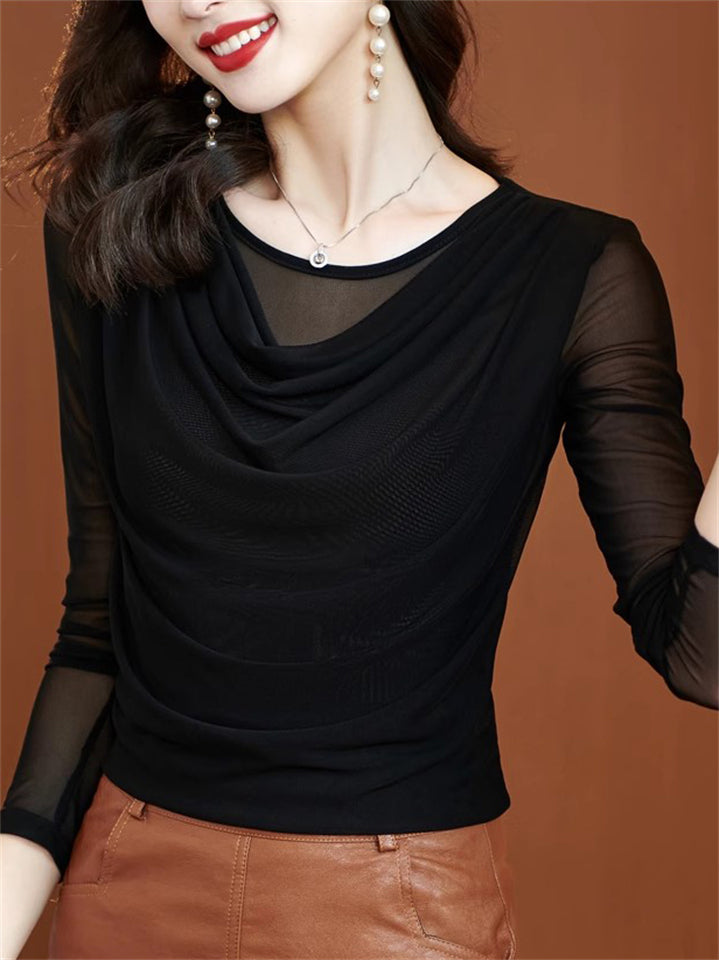 Women's Solid Color Mesh Patchwork O-Neck Long-sleeve Undershirt