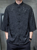 Men's Summer Cool Roses Jacquard Frog Button 3/4 Sleeve Tangsuit Shirts