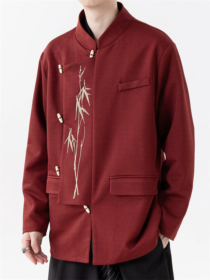 Men's Autumn Golden Bamboo Embroidery Stand Collar Tangsuit Jackets