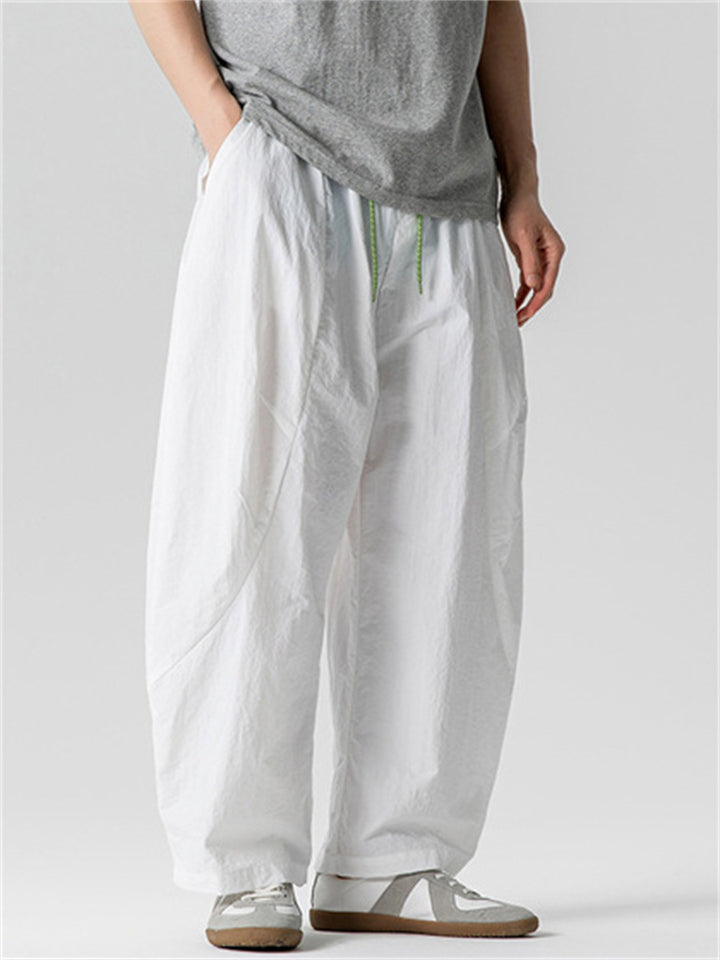 Men's Japanese Style Casual Solid Color Drawstring Wide Leg Pants