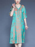 Women's Xiang Yunsha Birds Print Contrast Color V-neck Half Sleeve Dress