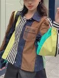 Women's Chic Contrast Color Striped Long Puffed Sleeve Shirts