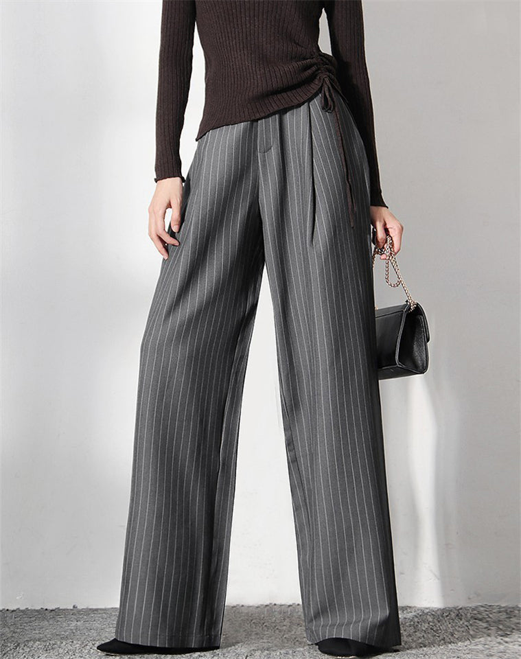 Women's Gray Stripe High-Waist Office Wide Leg Pants