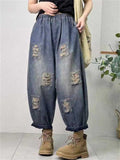 Elastic Waist Wide Leg Ripped Cropped Jeans for Women