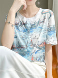 Summer Casual Print Round Neck Button Up T-Shirts for Women