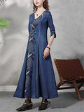 Classic Embroidered Denim Cheongsam Dress for Ladies