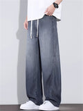 Men Summer Lyocell Wash Wide Leg Baggy Jeans Elastic Waist Denim