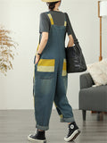 Women's Contrast Color Overall Denim Cropped Jumpsuits