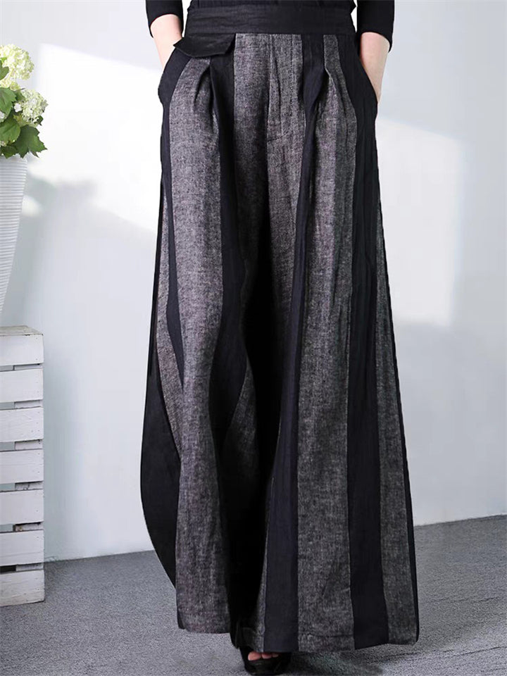 Women's Mid-Rise Stripe Elastic Waist Contrasting Wide Leg Pants
