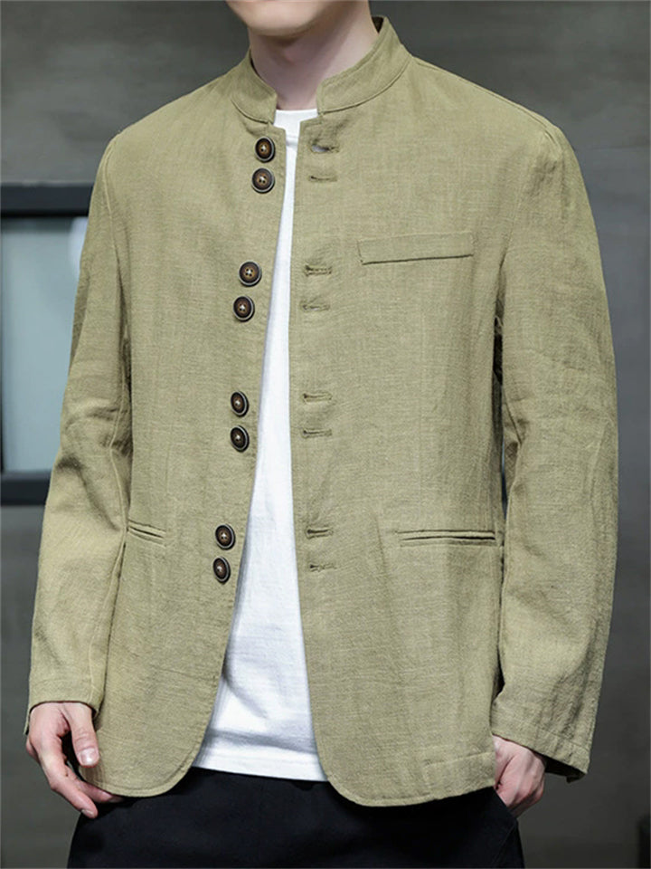 Men's Chinese Style Jacket with Stand Collar and Dual Buttons Details