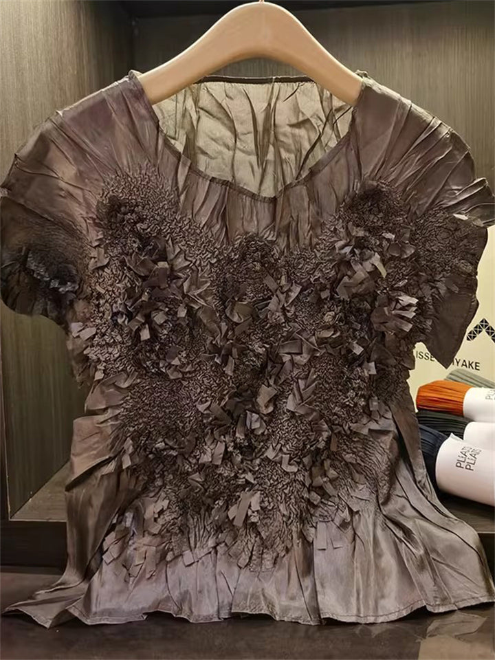 Women's Pleated‌ Ruffle Short Sleeve Crew Neck T-shirts