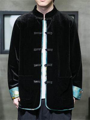 Men's Vintage Black Velvet Print Cuff Tang Suit Jacket