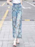 Women's Hollow Lace Patchwork High Waist Straight-Leg Jeans
