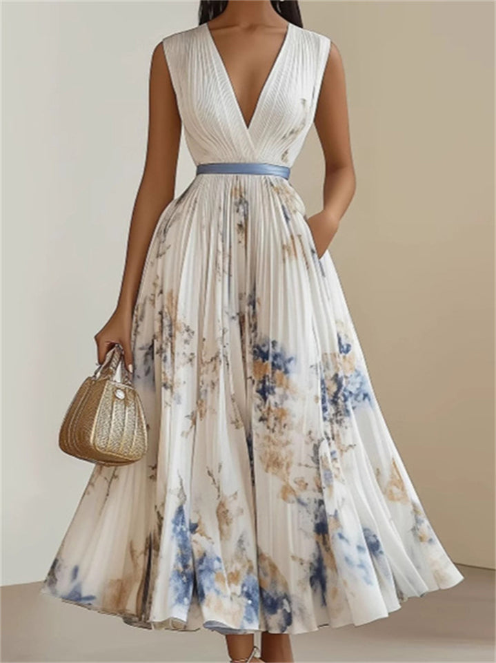 Women's Elegant V-Neck Print Holiday Style Sleeveless Pleated Dress