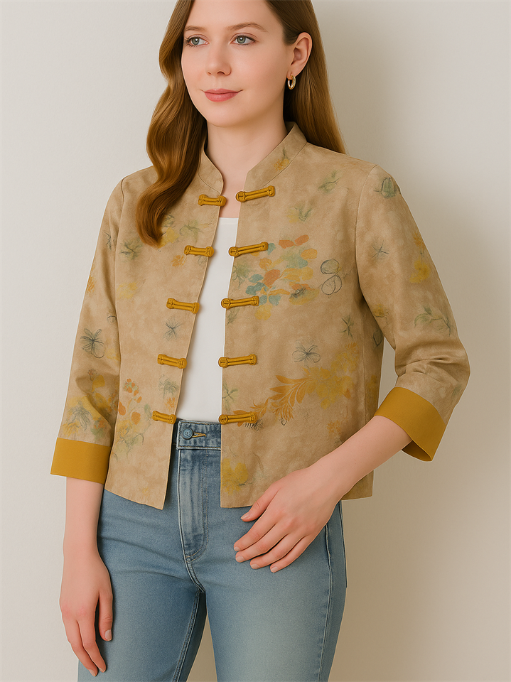 Women's Stand Collar Contrast Color Flowers Print Tang Suit Jacket