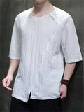 Men's Chinese Style Solid Color Asymmetric Hem Short Sleeve Shirts